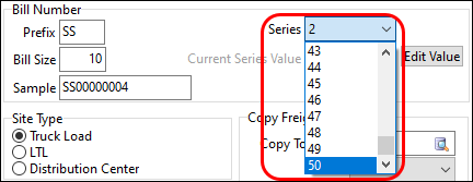 The Series dropdown list with 50 as the highest value.