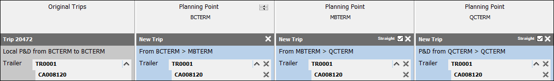 Three Planning Point Columns with different locations but the same trailer and freight bill.