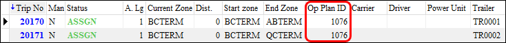 Two trips in a trip grid with a shared Op Plan ID.