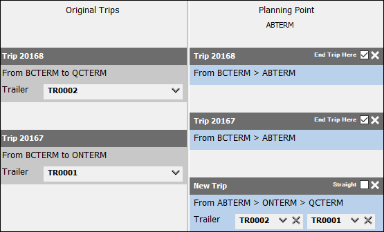 Two trips ending with their resources added to a new merge trip.