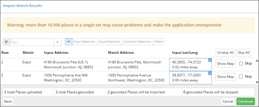 custom places import match results